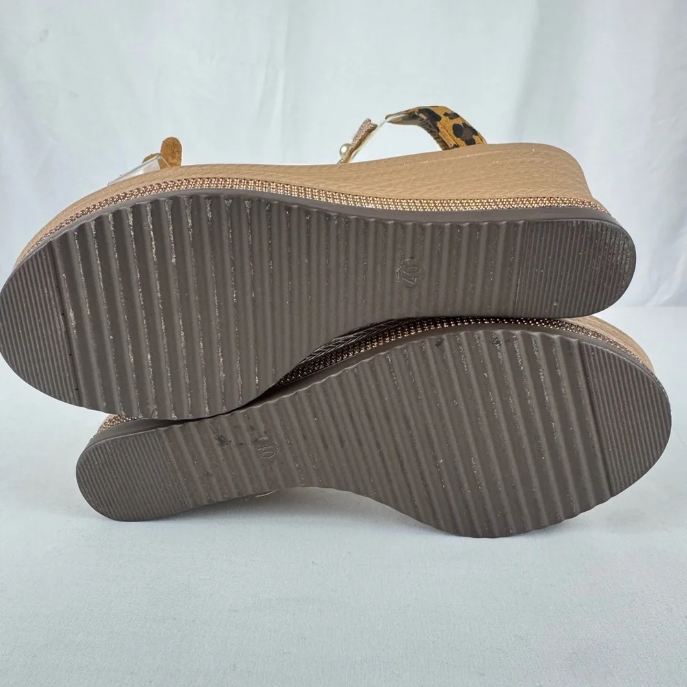 TEMU Branded Tan Wedges with Butterfly Straps